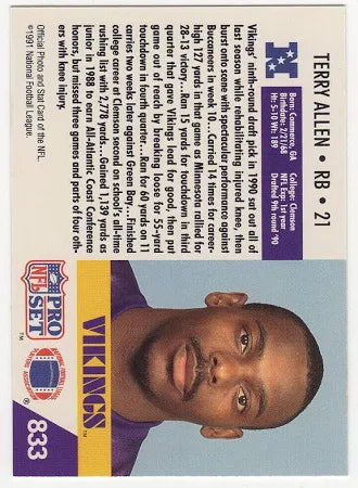 1991 NFL Pro Set Terry Allen Football Card #833
