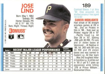 1992 Donruss Jose Lind Baseball Card #189