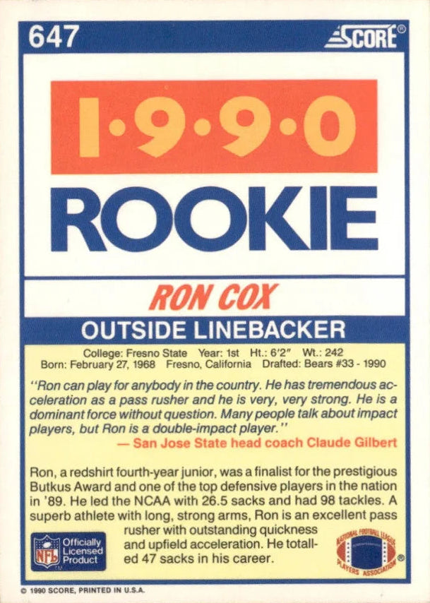 1990 Score 1990 Rookie Ron Cox Football Card #647