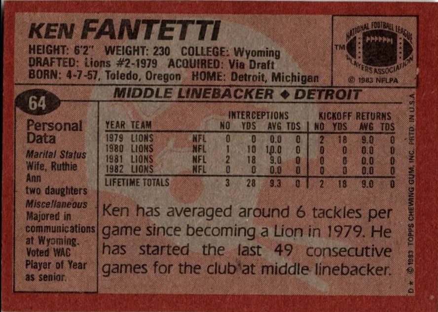 1983 Topps Ken Fantetti Football Card #64