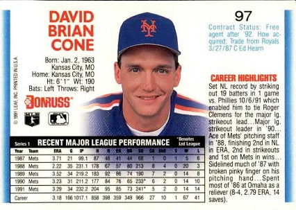 1992 Donruss David Brian Cone Baseball Card #97