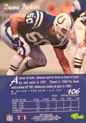 1993 Classic Pro Line Live Duane Bickett Football Card #106