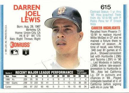 1992 Donruss Darren Joel Lewis Baseball Card #615
