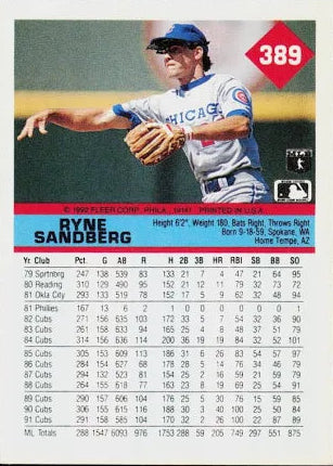 1992 Fleer Ryne Sandberg Baseball Card #389