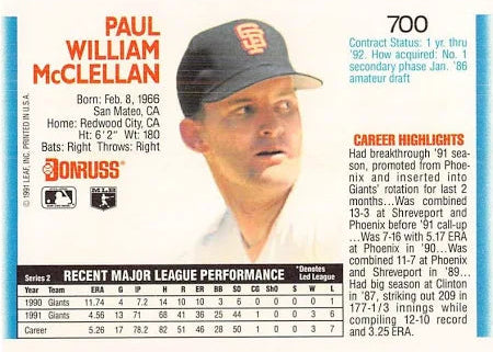 1992 Donruss Paul William McClellan Baseball Card #700