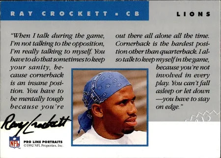 1992 NFL Pro Line Portraits Ray Crockkett Football Card #423