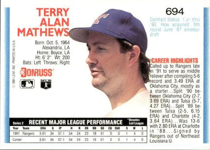 1992 Donruss Terry Allan Mathews Baseball Card #694