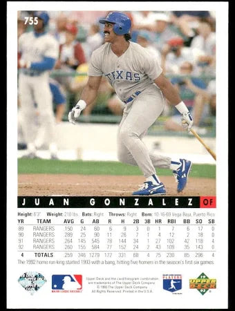 1993 Upper Deck Juan Gonzalez Baseball Card #755