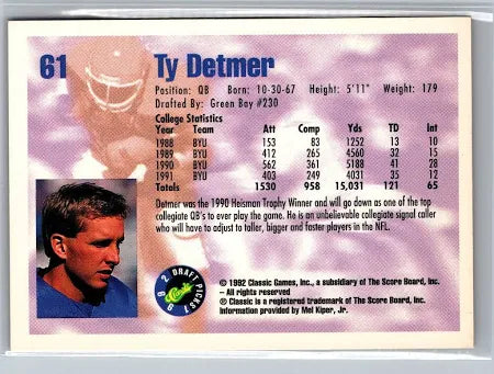 1992 Classic Draft Picks Ty Detmer Football Card #61