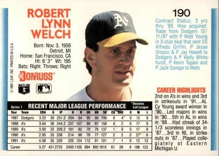 1992 Donruss Robert Lynn Welch Baseball Card #190