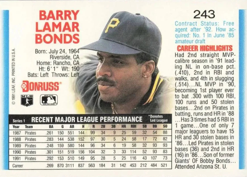1992 Donruss Barry Lamar Bonds Baseball Card #243