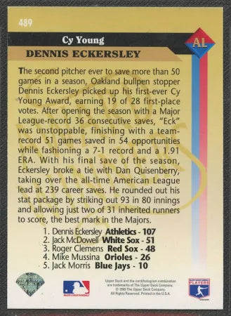 1993 Upper Deck Cy Young American League Dennis Eckersley Baseball Card #489