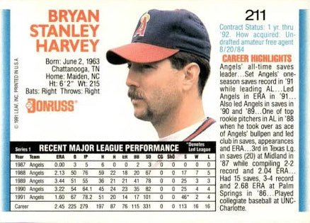 1992 Donruss Bryan Stanley Harvey Baseball Card #211