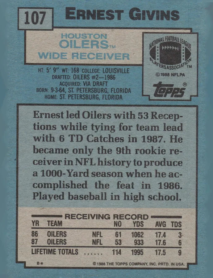 1988 Topps Ernest Givins Football Card #107