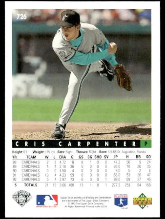 1993 Upper Deck Cris Carpenter Baseball Card #726