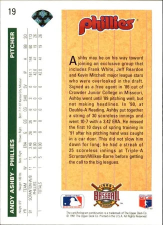 1992 Upper Deck Andy Ashby Star Rookie Baseball Card #19