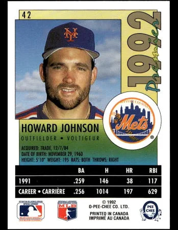 1992 O-Pee-Chee Howard Johnson Baseball Card #42