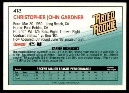 1992 Donruss Rated Rookie Christopher John Gardner Baseball Card #413