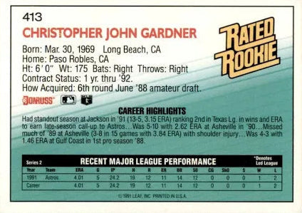 1992 Donruss Rated Rookie Christopher John Gardner Baseball Card #413