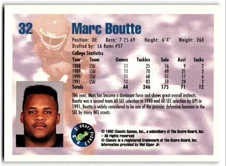 1992 Classic Draft Picks Marc Boutte Football Card #32