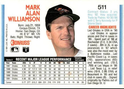 1992 Donruss Mark Alan Williamson Baseball Card #511