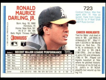 1992 Donruss Ronald Maurice Darling Jr. Baseball Card #723