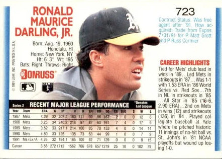 1992 Donruss Ronald Maurice Darling Jr. Baseball Card #723