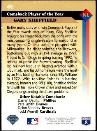1993 Upper Deck National League Comeback Player of the Year Gary Sheffield Baseball Card #492