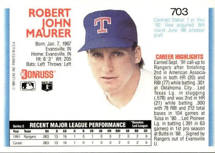 1992 Donruss Robert John Maurer Baseball Card #703