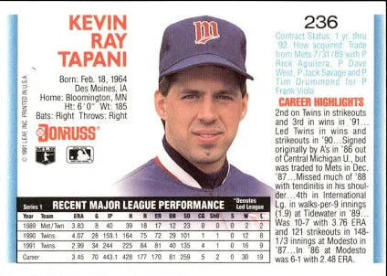 1992 Donruss Kevin Ray Tapani Baseball Card #236