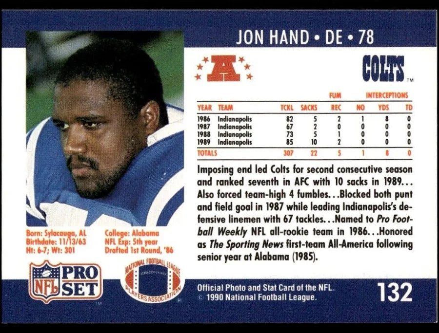 1990 NFL Pro Set Jon Hand Football Card #132