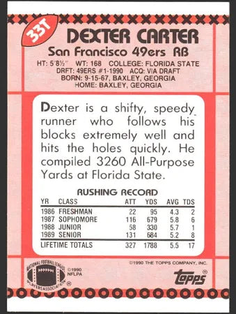 1990 Topps Dexter Carter Football Card #33T