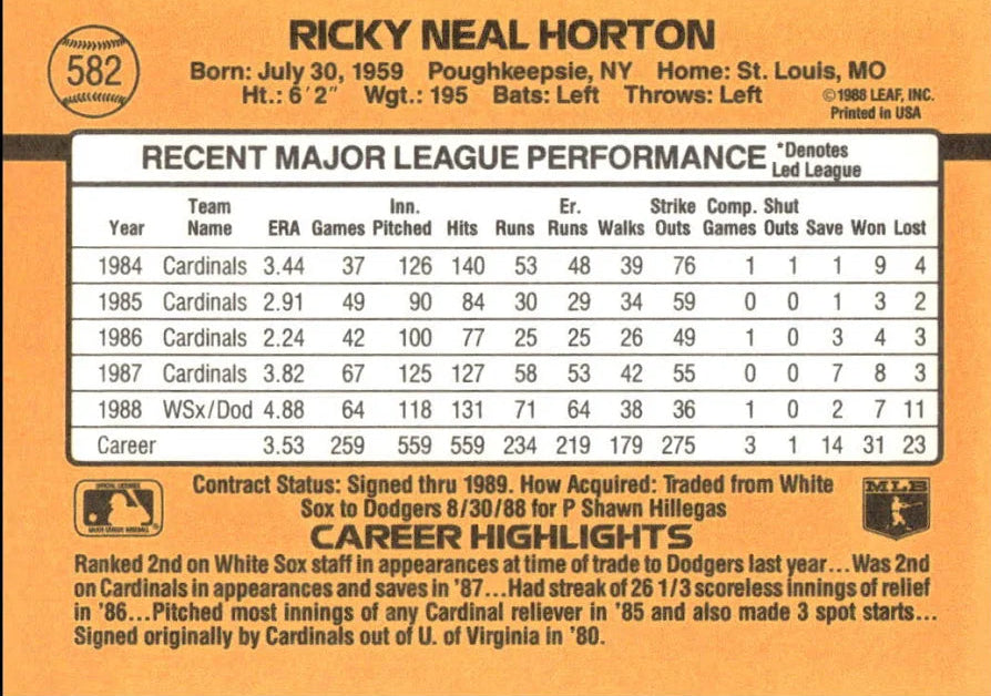 1989 Donruss Ricky Neal Horton Baseball Card #582