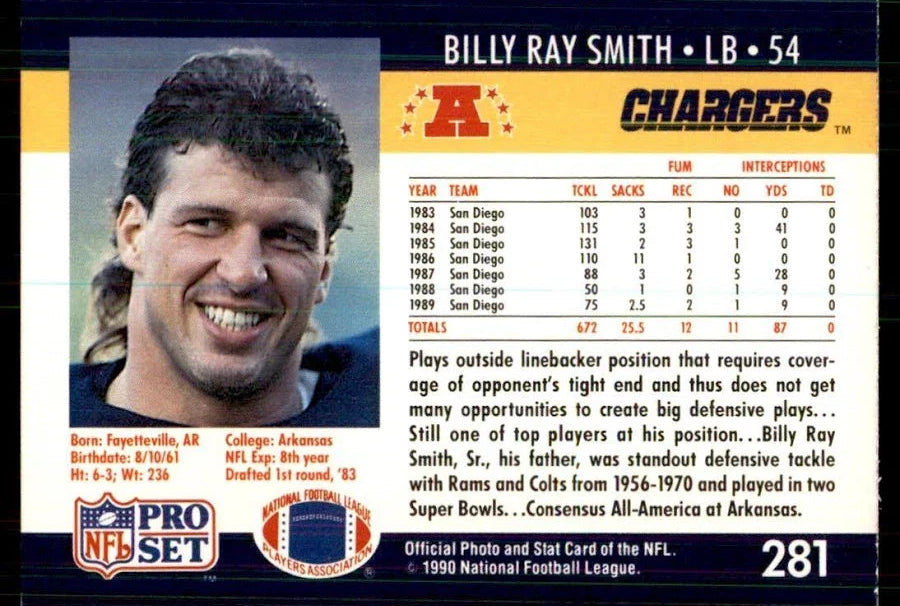 1990 NFL Pro Set Billy Ray Smith Football Card #281