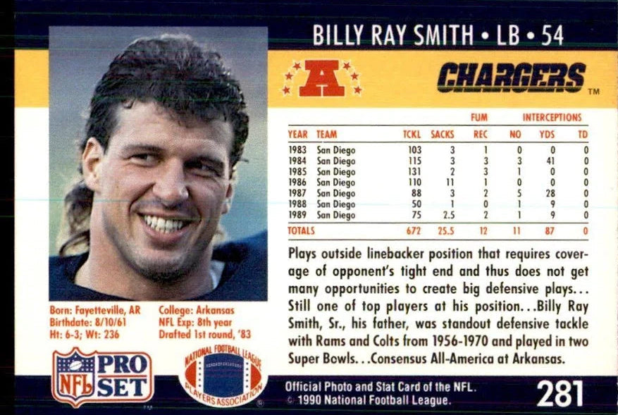 1990 NFL Pro Set Billy Ray Smith Football Card #281