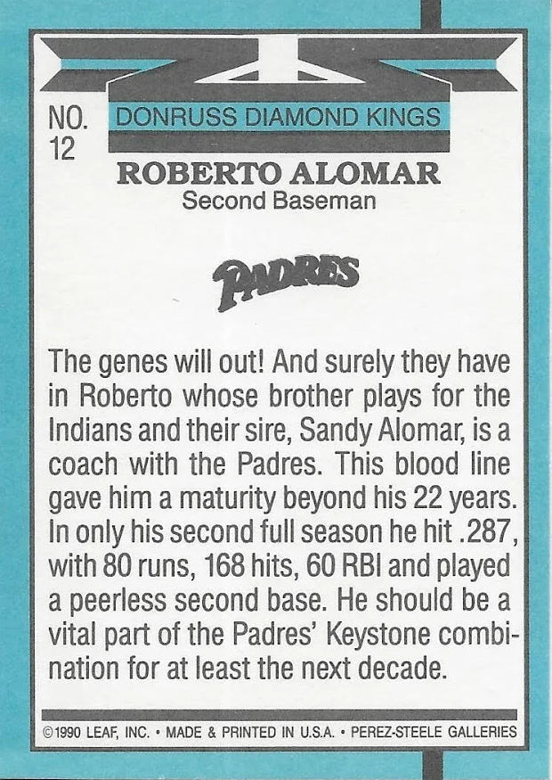 1990 Donruss Diamond Kings Roberto Alomar Baseball Card #12