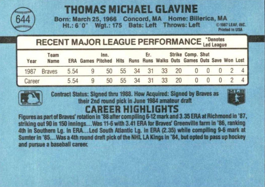 1988 Donruss Thomas Michael Glavine Baseball Card #644