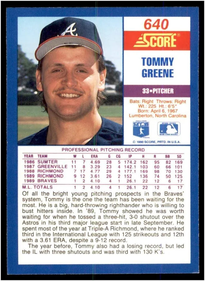 1990 Score Tommy Greene Baseball Card #640