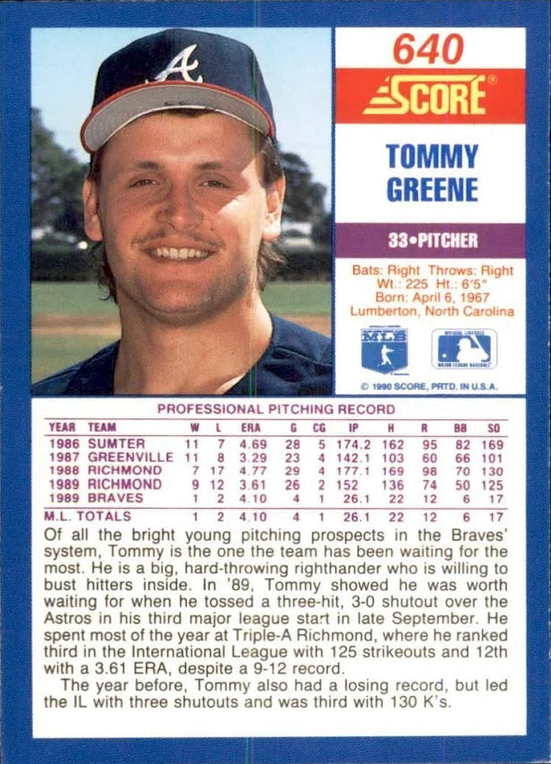 1990 Score Tommy Greene Baseball Card #640