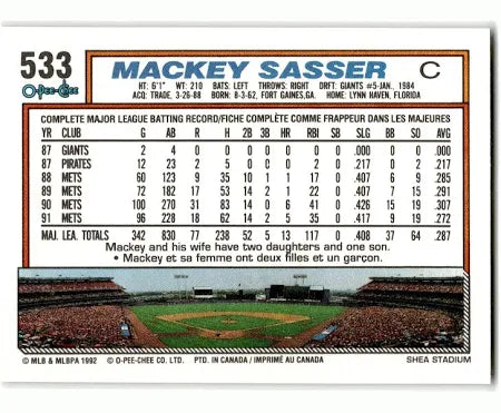 1992 Topps Mackey Sasser Baseball Card #533