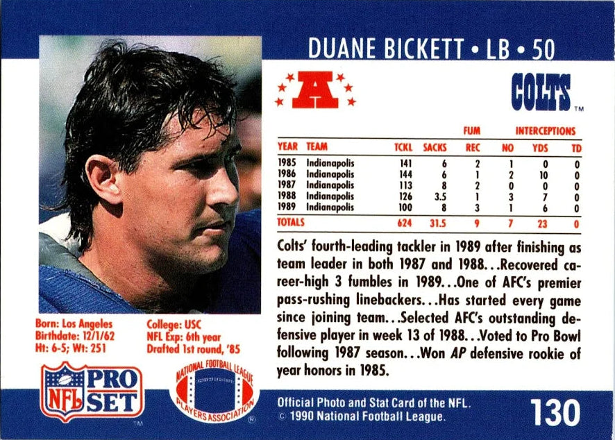 1990 NFL Pro Set Duane Bickett Football Card #130