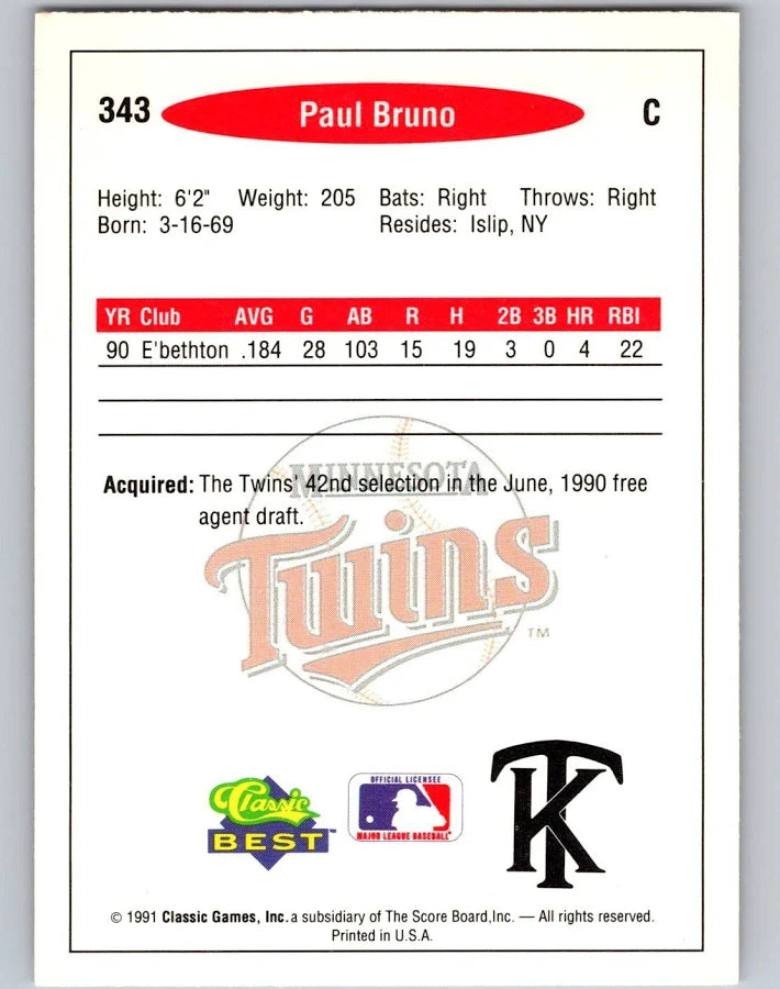 1991 Classic Paul Bruno Baseball Card #343