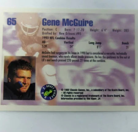 1992 Classic Draft Picks Gene McGuire Football Card #65