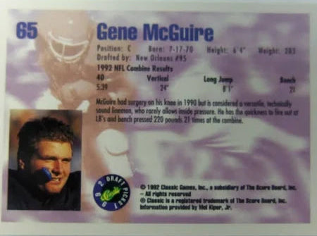 1992 Classic Draft Picks Gene McGuire Football Card #65