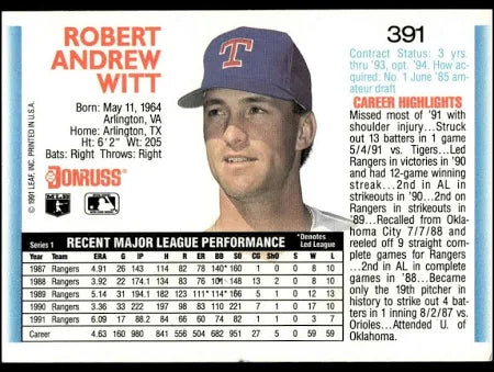 1992 Donruss Robert Andrew Witt Baseball Card #391