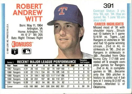 1992 Donruss Robert Andrew Witt Baseball Card #391