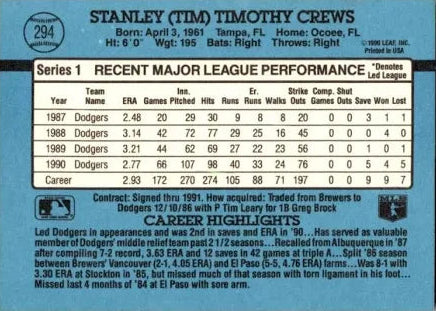 1991 Donruss Stanley (Tim) Timothy Crews Baseball Card #294