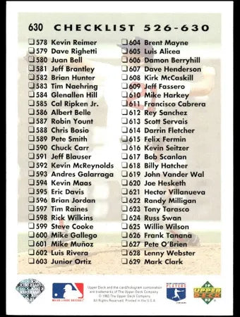 1993 Upper Deck Checklist 526-630 Baseball Card #630