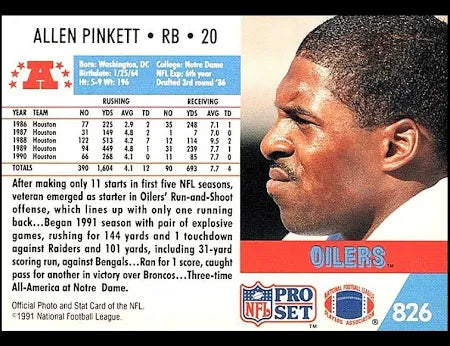 1991 NFL Pro Set Allen Pinkett Football Card #826