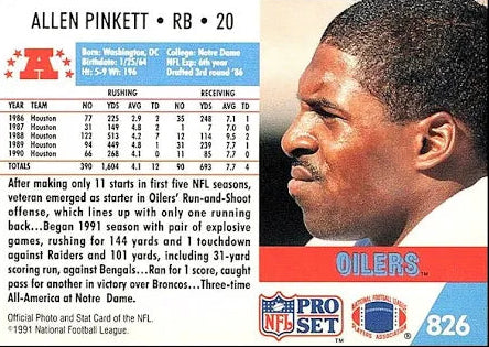 1991 NFL Pro Set Allen Pinkett Football Card #826